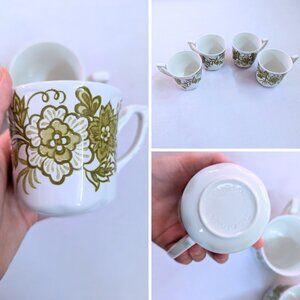 J & G Meakin Green White Floral Tea Cups Set of 4 Vintage Made in England Retro